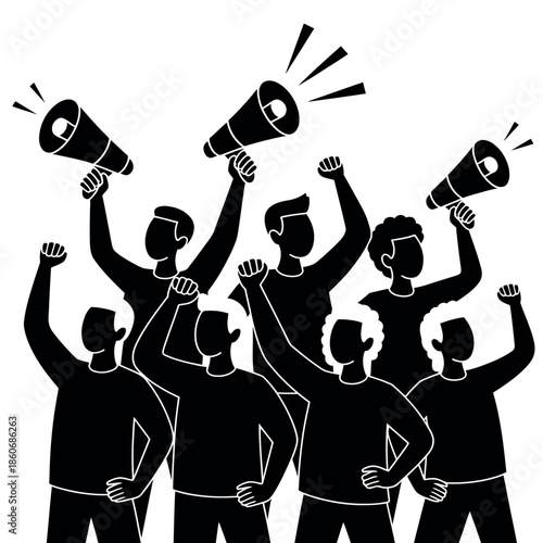 A diverse group of people raise their fists and megaphones in a unified protest or demonstration.
