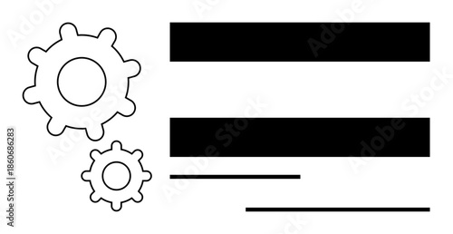 Two mechanical gears with horizontal text lines and dividers. Ideal for workflow explanation, process visualization, tech concept, teamwork, automation, engineering, simple flat metaphor