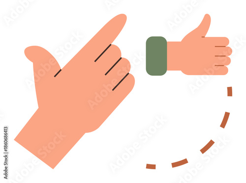 Clapping hand transitioning into a thumbs-up symbol, connected by curved dashed lines. Ideal for teamwork, success, approval, transformation, positive feedback, encouragement communication. A simple
