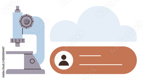 Microscope beside cloud and user profile tab, symbolizing scientific research, data storage, user interaction. Ideal for cloud computing, research, technology, analytics, data sharing security