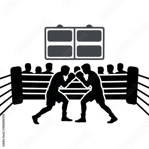 Two boxers face off in a ring with spectators watching and a scoreboard above.