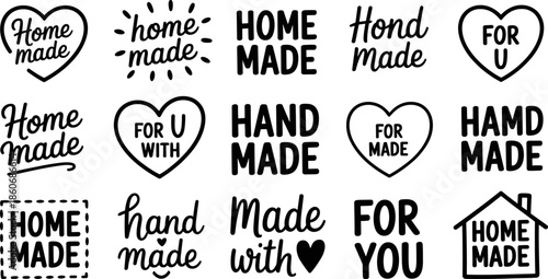 Collection of Minimalist Handmade and Homemade Vector Labels Featuring Heart Icons and Hand Drawn Typography for Small Business Product Packaging Branding