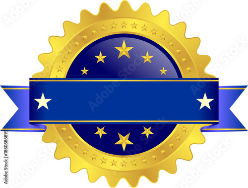 Gold Starburst Award Badge with Blank blue Horizontal Ribbon Banner, A vector design of a blank golden starburst award seal featuring a prominent black horizontal banner for custom text and decorativ