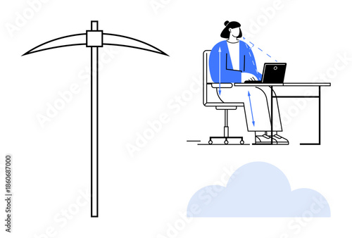 Data mining concept. Depiction of pickaxe, worker analyzing data on laptop, and cloud symbolic of cloud computing. Data mining in cloud environments and remote workflows. technology, data analysis