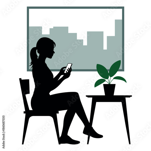 Woman silhouetted in a chair, looking at her smartphone, with a plant and city view.