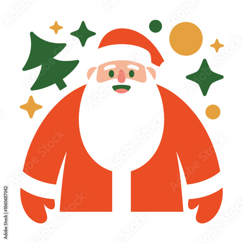 A jolly cartoon Santa Claus is decorated with festive Christmas trees and sparkling stars.