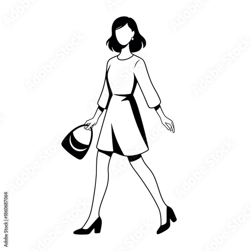 A stylish woman walks confidently holding a handbag and wearing high heels.