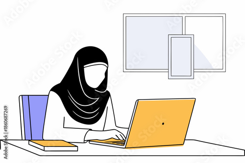 muslim woman in hijab working on office with a laptop