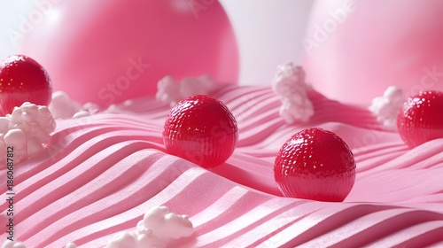 3D render of three strawberries on a textured, pink, wave-like surface with white foam accents.