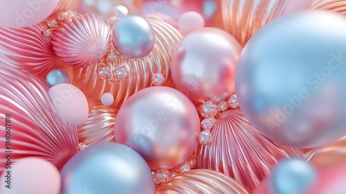 3D render of iridescent spheres and swirling patterns in pink and teal hues.