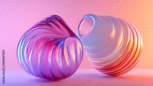 3D render of two iridescent glass spheres against a vibrant pink background, exhibiting swirling patterns.
