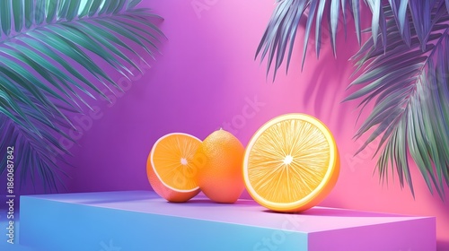 3D render showcases three orange slices on a blue and purple geometric stage with palm leaves.
