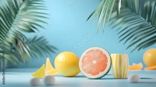 3D render of citrus fruitsâ€”grapefruit, lemons, and a striped glassâ€”against a vibrant blue background with palm leaves.