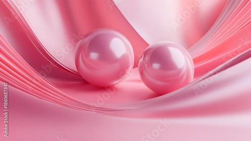3D render of two glossy pink spheres resting on flowing, textured silk fabric.