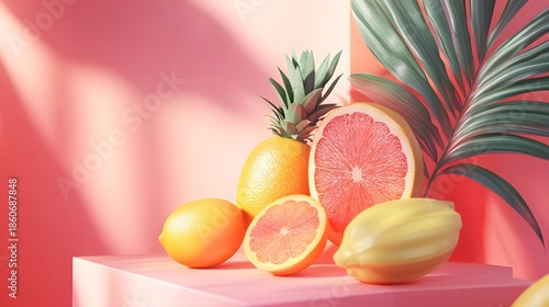 3D render showcases tropical fruitsâ€”pineapple, lemons, and grapefruitâ€”on a pink surface with dramatic shadows.
