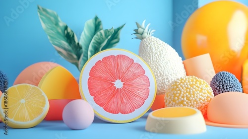3D render showcases vibrant fruitsâ€”orange, grapefruit, lemon, and pineappleâ€”scattered on a blue background with...