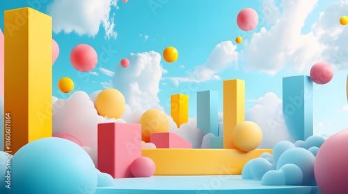 3D render depicts a whimsical, colorful scene with geometric shapes floating amidst fluffy clouds under a blue sky.