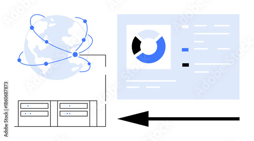 Data processing concept. Data with servers, global network connectivity, and analytics dashboard ation. Data interpretation for IT systems, cloud computing, analytics, or tech development