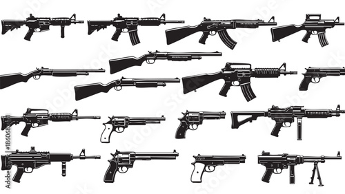 Collection of Various Firearms and Guns Intact on Transparent Background