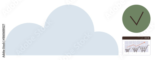 Cloud shape with a chart showing shopping cart growth inside a web browser and a green checkmark. Ideal for e-commerce, analytics, cloud services, growth, validation, marketing, data trends. A simple