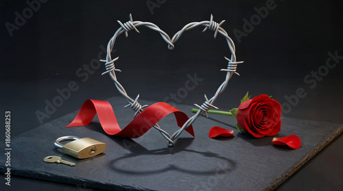 Barbed wire heart symbolizing love with rose and padlock on slate  