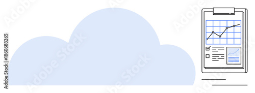 Cloud computing, data analysis, business growth, technology integration, digital storage, analytics. A soft blue cloud alongside a clipboard a data graph and checklist. Cloud computing and data