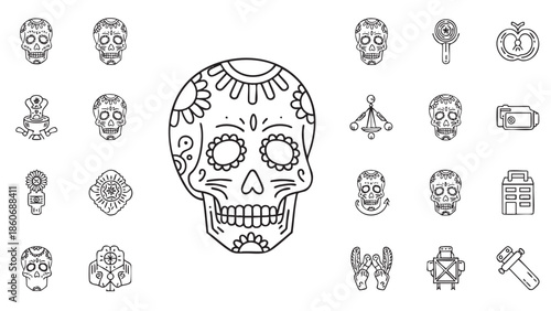 Sugar Skull Day of the Dead Icon Set for Halloween Celebrations