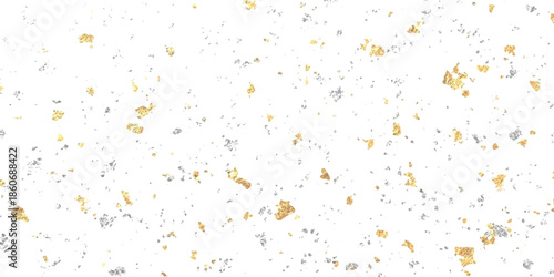 Scattered gold and silver confetti on a clean white background creating a festive texture