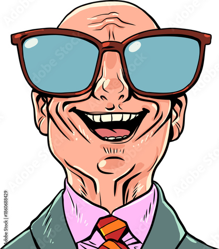 A joyful bald businessman. A contented company boss. A happy man with empty glasses.