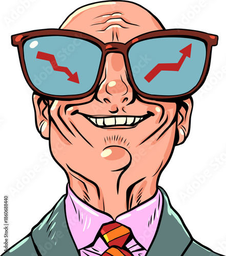 A happy bald businessman. A satisfied company boss. Looking up and down at the graphs.