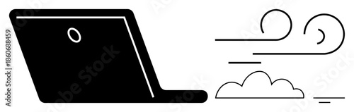 Laptop technology. ation of laptop with digital cloud and wind technology, suggesting speed, efficiency, and connectivity. Laptop usage includes remote work, data sharing, cloud computing, online