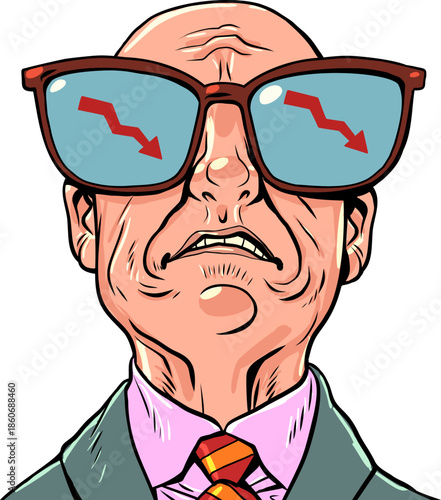 A sad bald man. Red chart symbols pointing down. Fear of business.