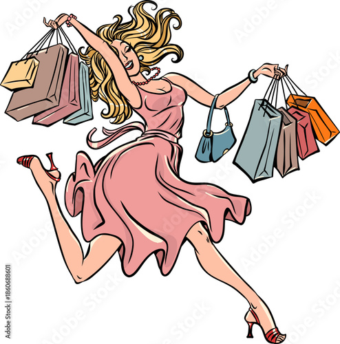 A woman enjoys shopping. Sales in stores. A blonde woman holds bags and handbags.