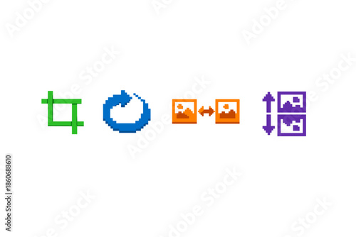 Pixel art icons for image editing: crop, rotate, resize, and flip