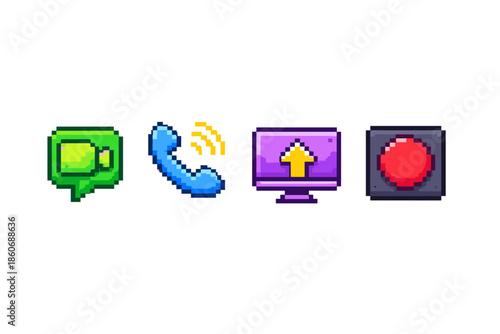 Pixel art icons for video call, phone, upload, and recording functions