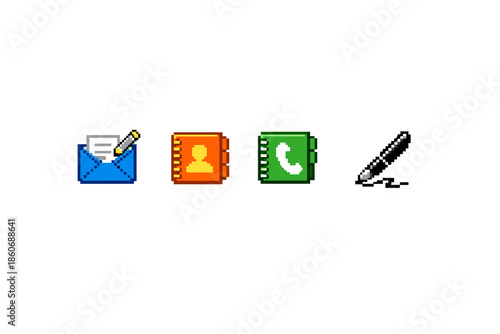 Pixel art icons for email, contacts, phone, and stylus on white background