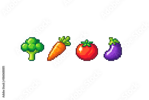 Pixel art vegetables: broccoli, carrot, tomato, and eggplant icons on white background