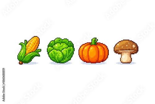 Pixel art collection of four distinct vegetables: corn, artichoke, pumpkin, and mushroom