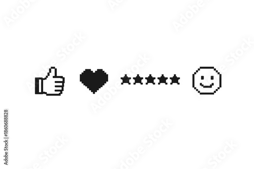 Pixelated icons for feedback: thumbs up, heart, stars, and smiley face