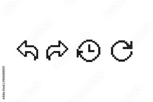 Set of pixel art icons: back arrow, forward arrow, clock, and refresh symbol