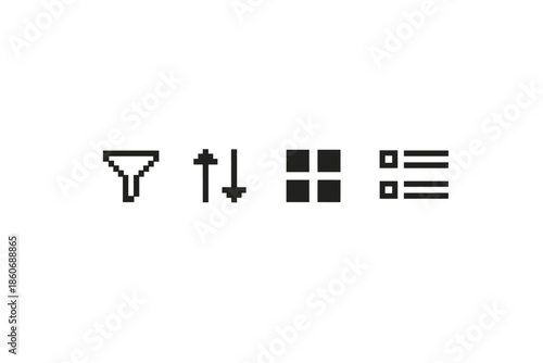 Set of four pixel art icons: filter, sort, grid, and list views