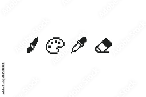 Pixel art icons for creative tools: brush, palette, dropper, eraser