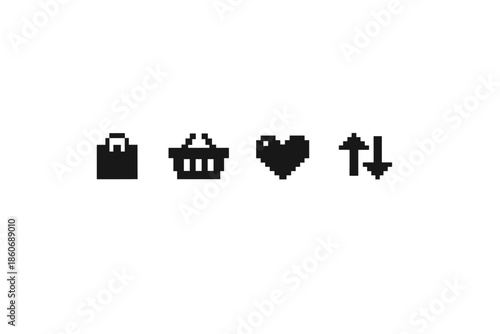 Pixel art icons for shopping cart, heart, and sorting on a white background