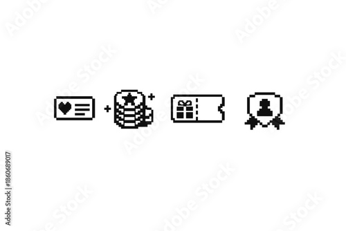 Pixel art icons representing rewards, points, gifts, and achievements for gamification