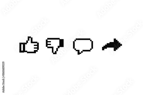 Pixelated social media icons: like, dislike, comment, and share symbols on white background