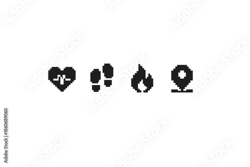 Pixel art icons for fitness tracking: heart rate, steps, calories, and location