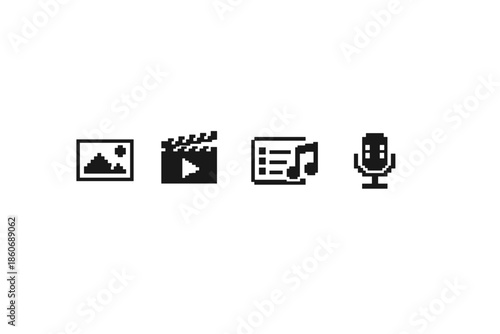 Collection of pixel art icons representing media types: image, video, music, and audio