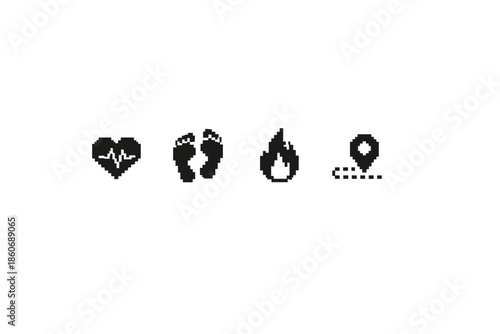 Fitness tracker icons: heart rate, steps, calories, and GPS location