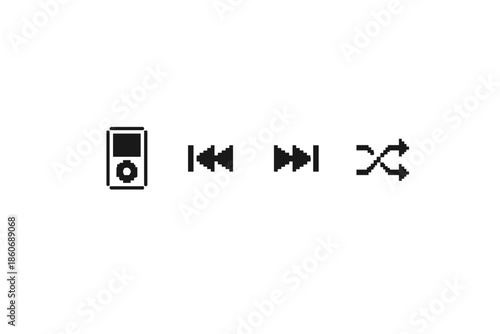 Retro digital music player icons with playback controls and shuffle symbol