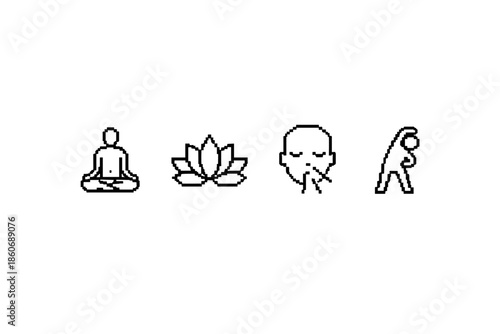 Simple line icons representing meditation, lotus flower, breathing, and stretching exercises